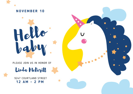 Baby Shower Invitation with Magical Unicorn Postcard Design Template