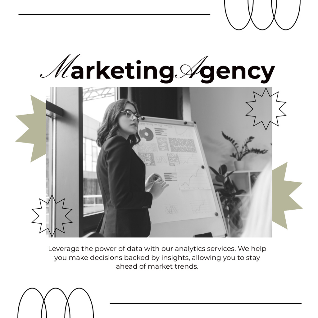Ad of Marketing Agency with Woman showing Diagrams LinkedIn post Šablona návrhu
