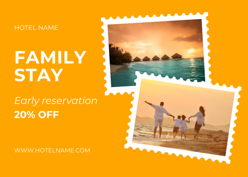 Designvorlage Hotel Offer Wish Discount And Family On Vacation für Postcard 5x7in