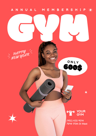Újévi ajánlat: edzőterem-tagság sportoló nővel Poster tervezősablon