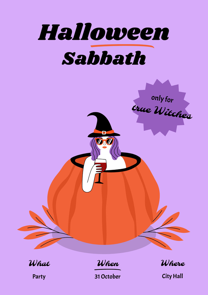 Halloween with Witch in Pumpkin holding Wine Poster Tasarım Şablonu