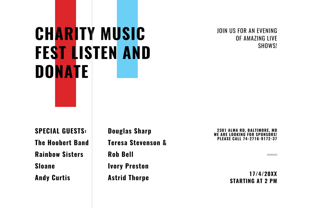 Designvorlage Charity Music Festival Event Information für Poster 24x36in Horizontal