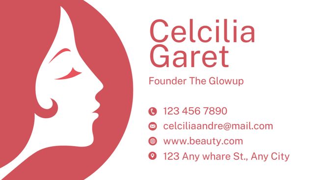Beauty Salon Ad with Illustration of Woman in Red Business Card USデザインテンプレート