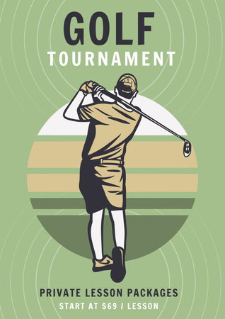 Mies pelaa golfia urheilutapahtumien mainonnassa Poster Design Template