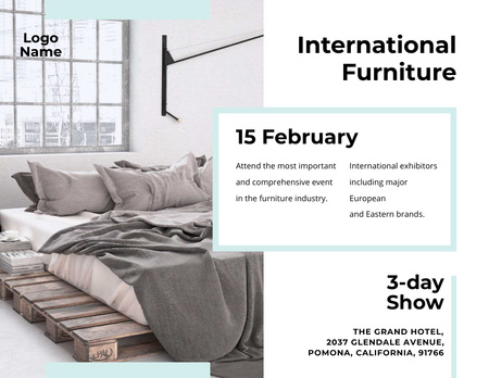 Furniture Show Announcement with Bedroom in Grey Color Flyer 8.5x11in Horizontal Design Template