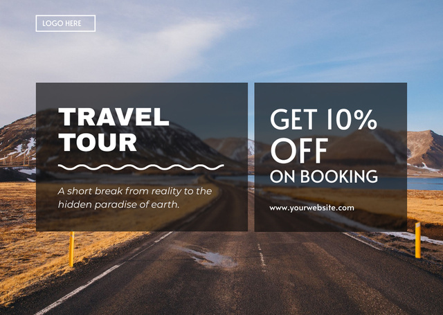 Ontwerpsjabloon van Card van Travel Tour Discount Offer with Road in Wilderness