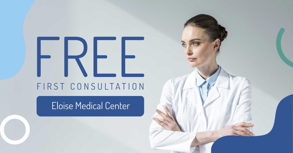 Free Consultation At Medical Center with Confident Doctor Facebook AD Design Template