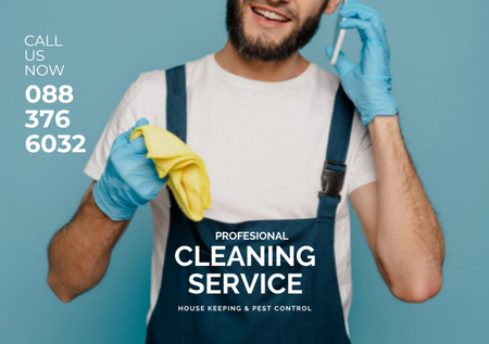 Cleaning Services Ad with Man in Uniform Flyer A5 Horizontal Modelo de Design
