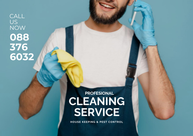 Designvorlage Cleaning Services Ad with Man in Uniform für Flyer A5 Horizontal