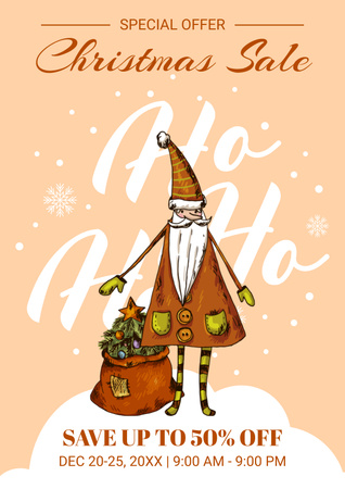 Christmas Sale Offer with Funny Old Elf Peach Poster Design Template