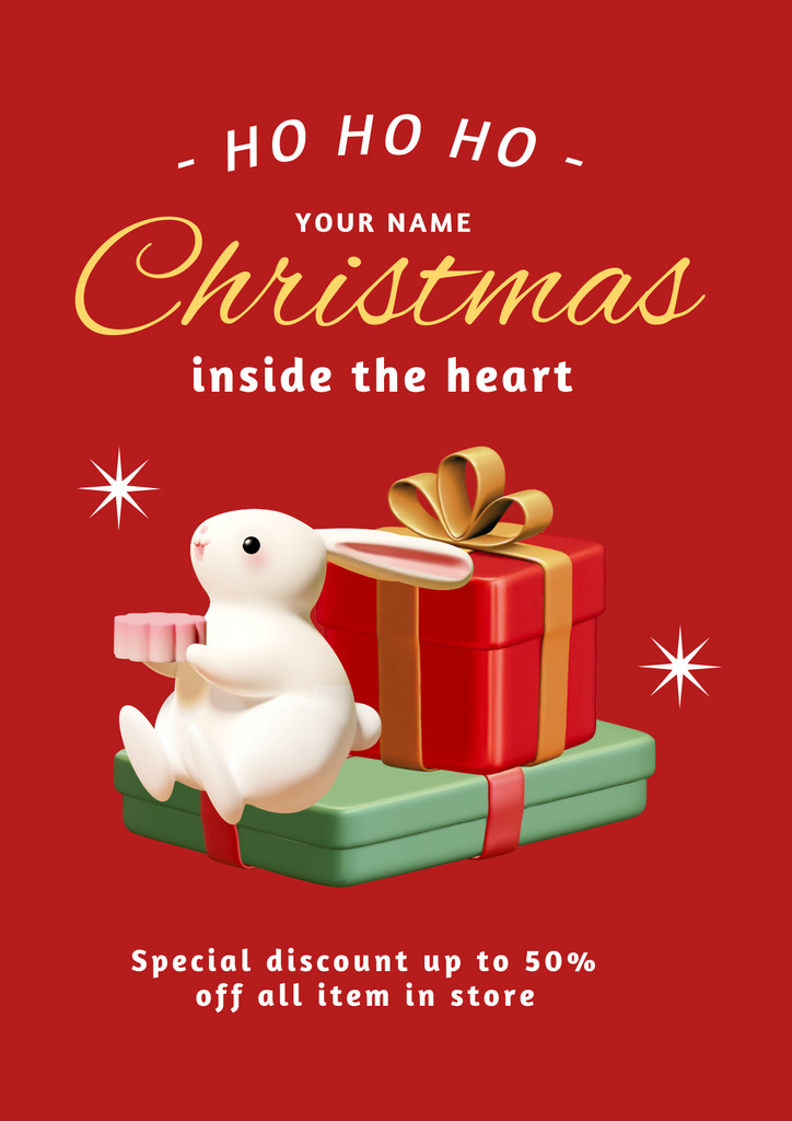 Ontwerpsjabloon van Poster van Christmas Offer with 3d Illustrated Rabbit Red