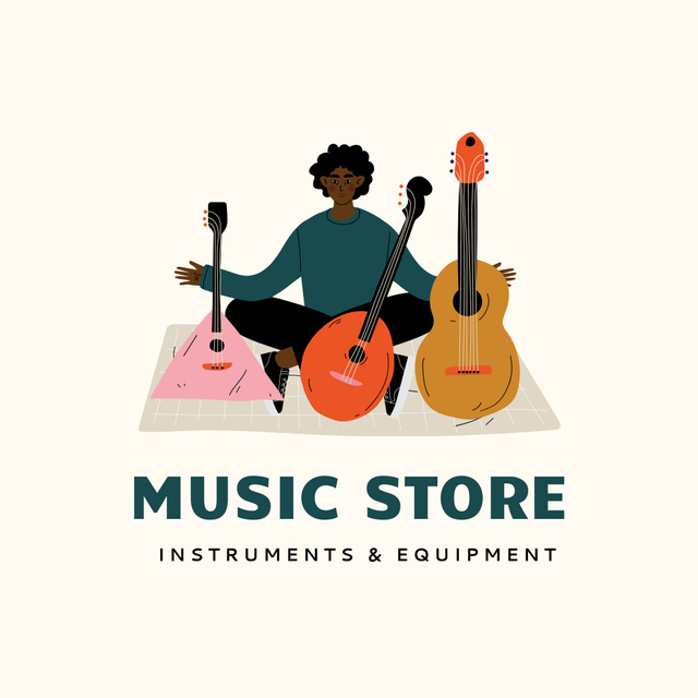 Music Shop Ad with Black Man and Guitars Logo 1080x1080pxデザインテンプレート