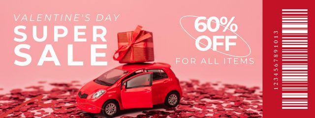 Valentine's Day Super Sale Announcement with Red Car Coupon Πρότυπο σχεδίασης