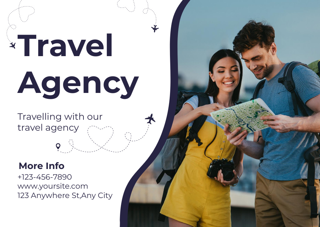 Template di design Travel Agency Offer with Happy Couple of Tourists Card