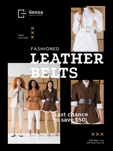 Luxurious Accessories Store Ad with Women in Leather Belts Poster US Design Template