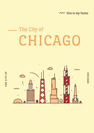 Chicago City View With Skyscrapers Postcard A6 Vertical Design Template