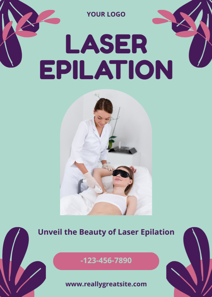 Laser Hair Removal Service Offer with Purple Plant Flayer Modelo de Design