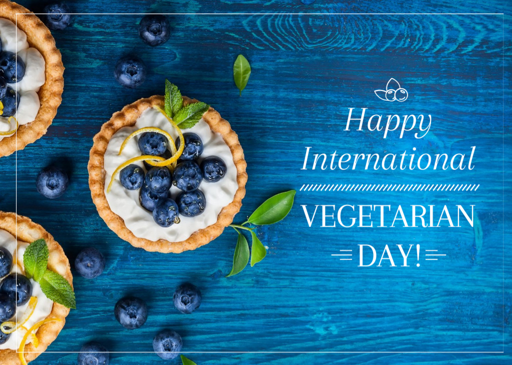 Designvorlage International Vegetarian Day Greeting With Berries And Cupcakes für Postcard 5x7in