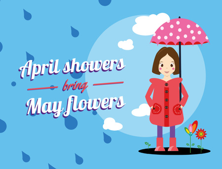 Plantilla de diseño de niña, tenencia, paraguas, debajo, abril, lluvia Postcard 4.2x5.5in 