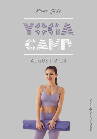 Designvorlage Yoga-Camp-Einladung mit Frau, die Matte hält für Poster 28x40in