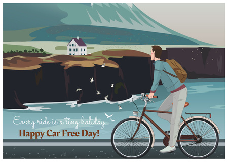 Car free day with Man on bicycle in Scenic Mountains Postcard Design Template