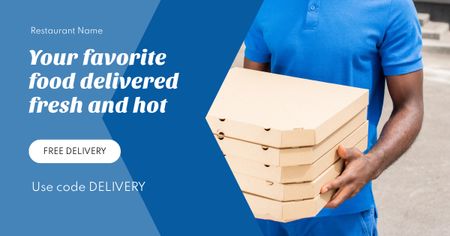 Courier Man Holding Pizza Boxes Facebook AD Design Template