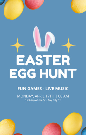 Modèle de visuel Annonce de chasse aux œufs de Pâques avec des oreilles de lapin et des œufs colorés - Invitation 4.6x7.2in