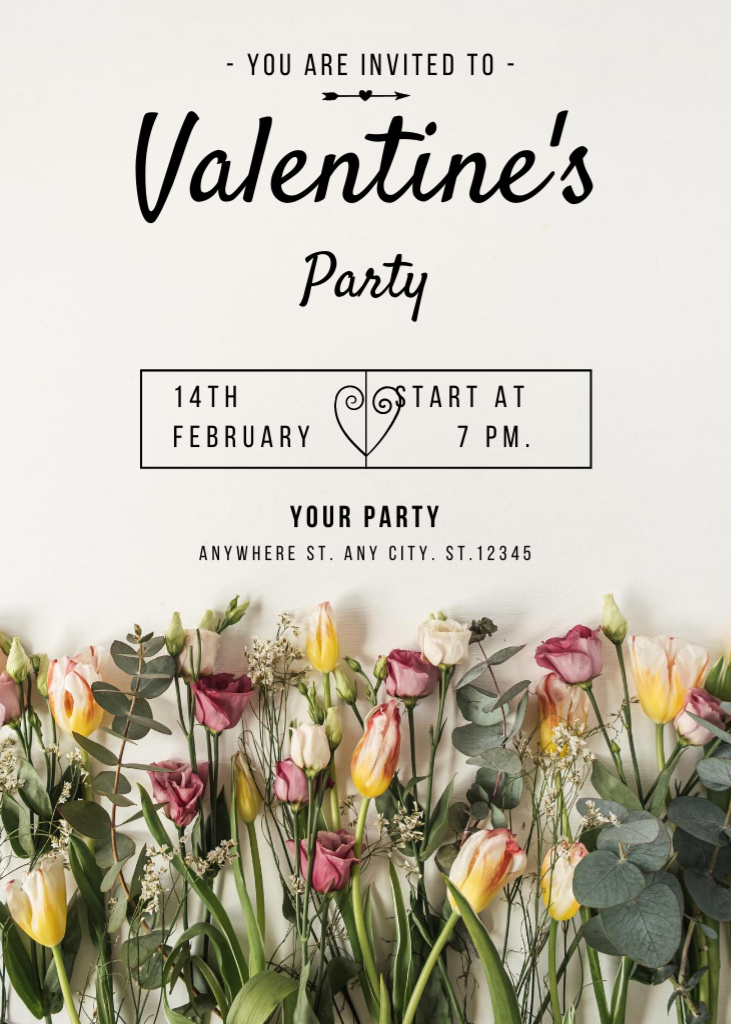 Valentine's Day Holiday Event Announcement with Flowers Invitation Design Template