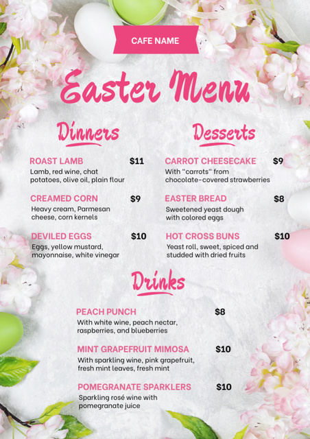 Platilla de diseño Easter Dishes Offer with Eggs in Flowers Menu