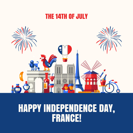 French National Day Celebration Announcement with Firework Instagram Design Template