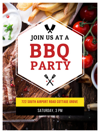 Lovely BBQ Party Announcement with Grilled Steak Poster US Design Template