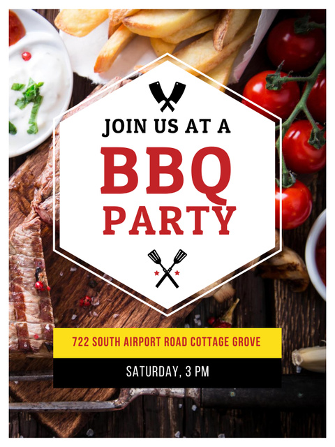 BBQ Party Invitation with Grilled Steak Poster US Design Template