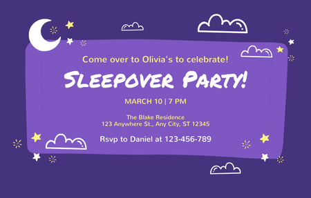 Sleepover Party on Purple with Stars Invitation 4.6x7.2in Horizontal Design Template