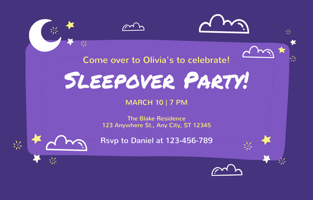 Designvorlage Sleepover Party on Purple with Stars für Invitation 4.6x7.2in Horizontal