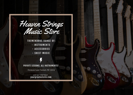 Guitars in Music Store Ad on Black Flyer 5x7in Horizontal Design Template