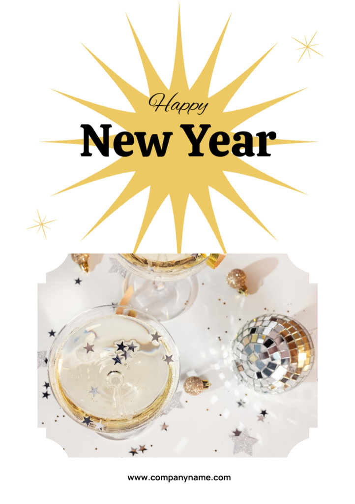 New Year Holiday Greeting with Champagne in Wineglasses Postcard A5 Vertical Design Template
