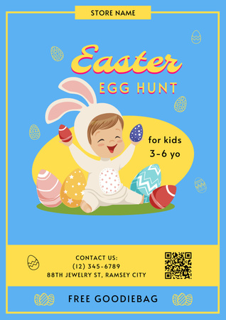 Easter Egg Hunt Announcement with Cheerful Kid Dressed as Rabbit Poster Design Template