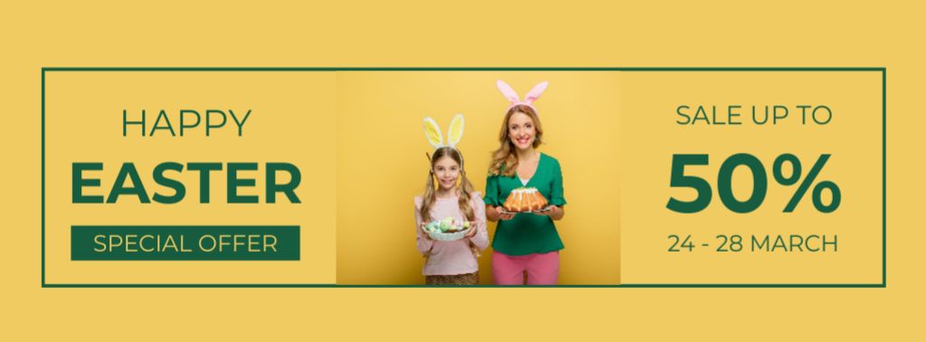 Ontwerpsjabloon van Facebook cover van Easter Sale Ad with Happy Mother and Daughter in Rabbit Ears