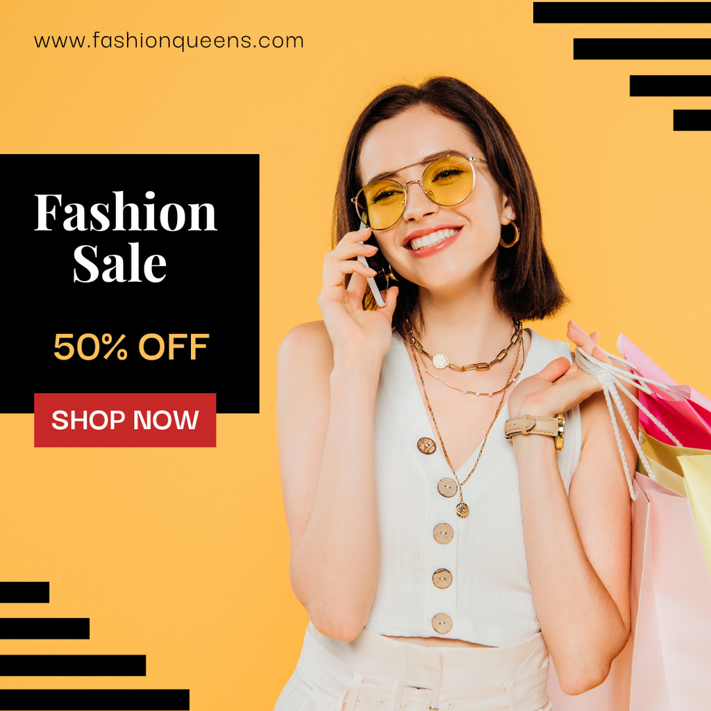 Female Fashion Clothes Sale with Woman Talking on Phone Instagram Design Template