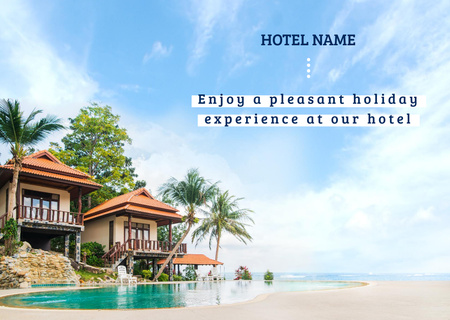 Designvorlage Luxuriöse tropische Hotelanzeige mit malerischer Aussicht für Postcard
