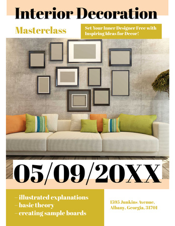 Interior decoration masterclass with Sofa in room Flyer 8.5x11in Design Template