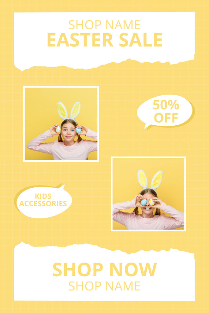 Plantilla de diseño de Easter Sale Announcement with Cute Child on Yellow Pinterest 