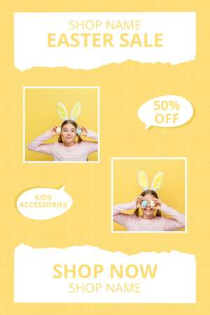 Designvorlage Osterverkaufsmitteilung mit nettem Kind auf Gelb für Pinterest
