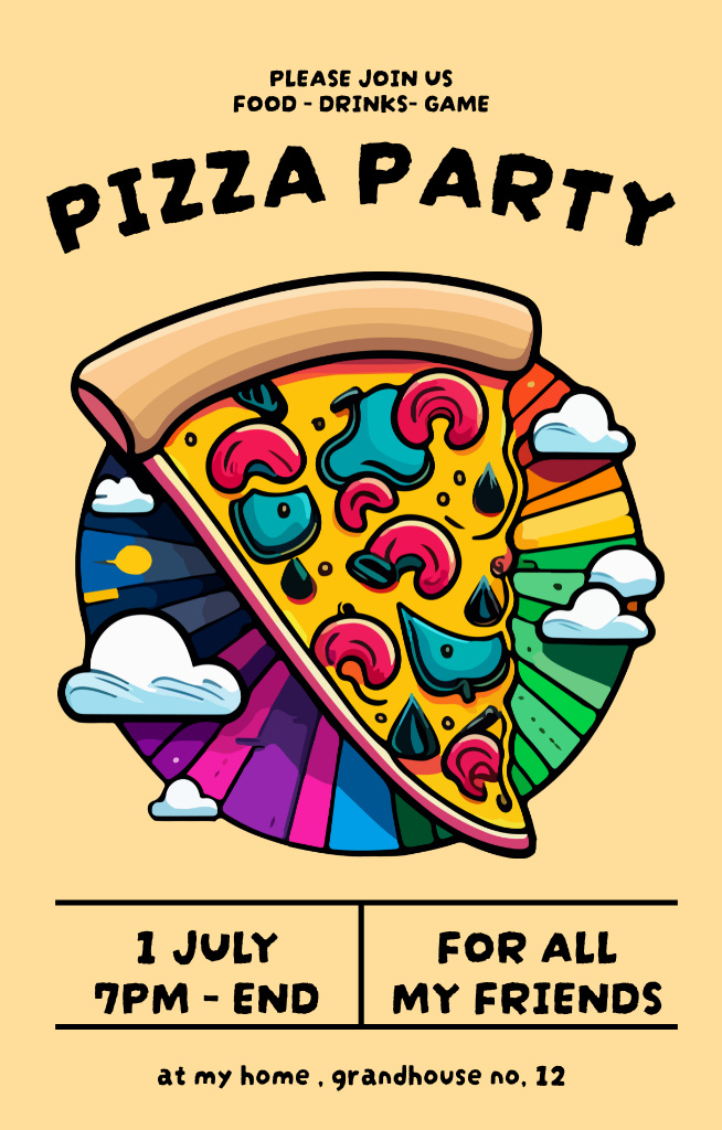 Designvorlage Colorful Bright Ad of Pizza Party für Invitation 4.6x7.2in