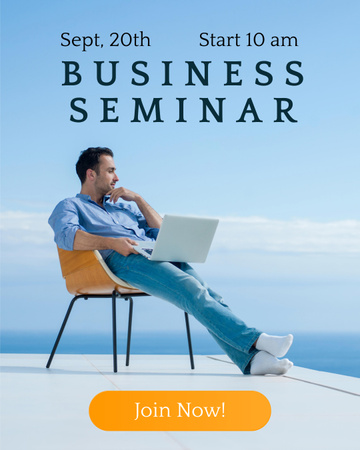 Ontwerpsjabloon van Instagram Post Vertical van Business Seminar Aankondiging met Man met Laptop