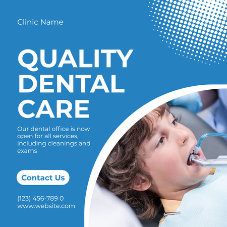 Ontwerpsjabloon van Instagram van Diensten van hoogwaardige tandheelkundige zorg met Kid in Clinic