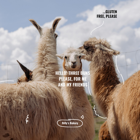 Ontwerpsjabloon van Instagram van bakkerij promotie met grappige lama 's in het wild veld