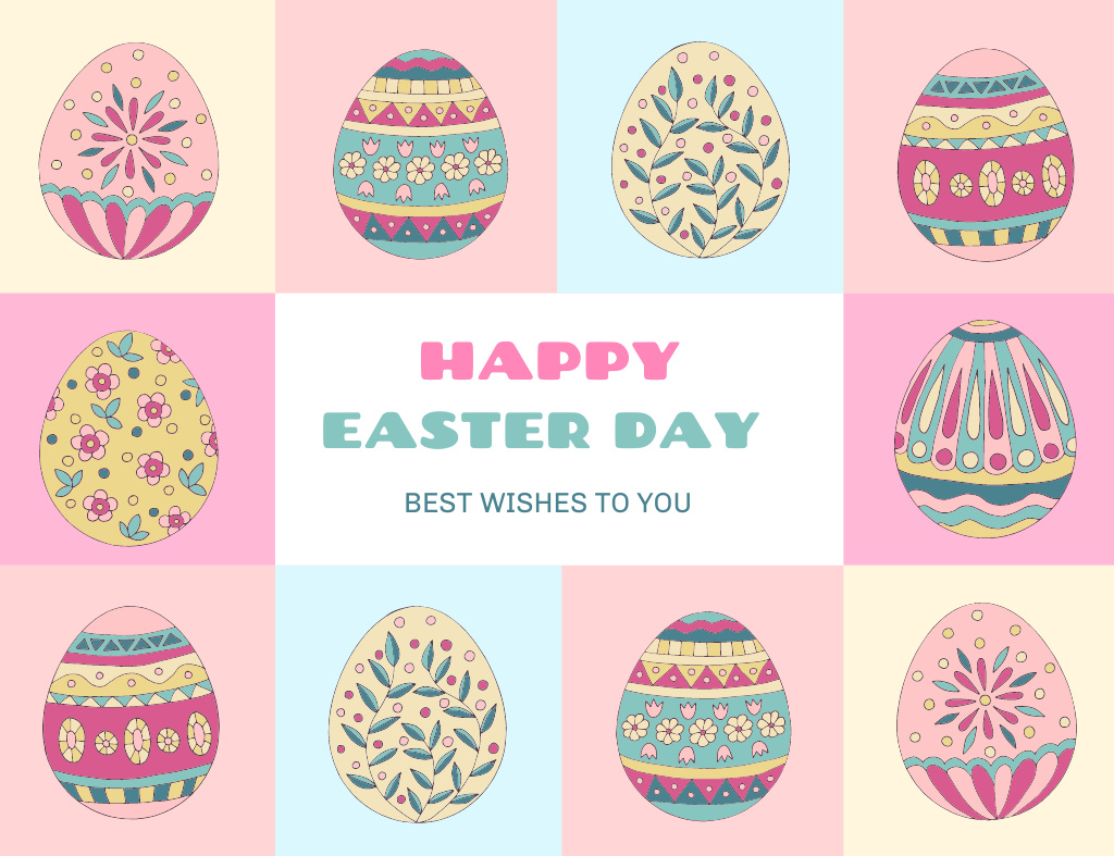 Template di design Easter Greeting with Painted Eggs on Pink Thank You Card 5.5x4in Horizontal