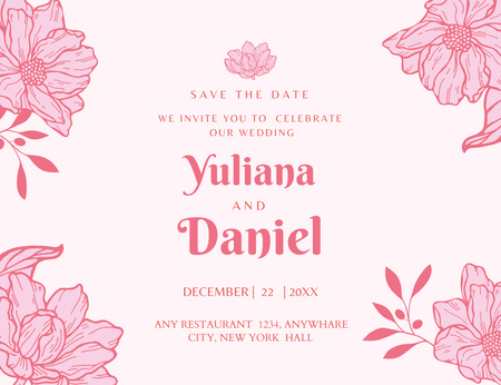 Ontwerpsjabloon van Invitation 13.9x10.7cm Horizontal van Pink Floral Frame And Wedding Celebration Announcement In Winter
