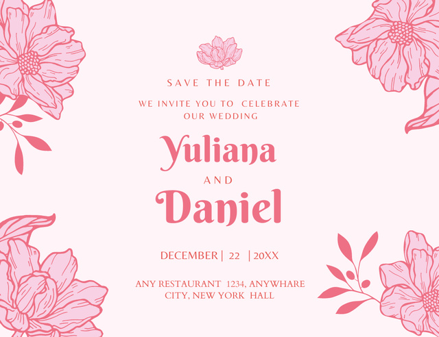 Pink Floral Frame And Wedding Celebration Announcement In Winter Invitation 13.9x10.7cm Horizontal – шаблон для дизайна